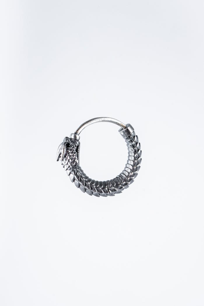 Silver Ouroboros snake earring symbolizing eternity against a sleek white backdrop.